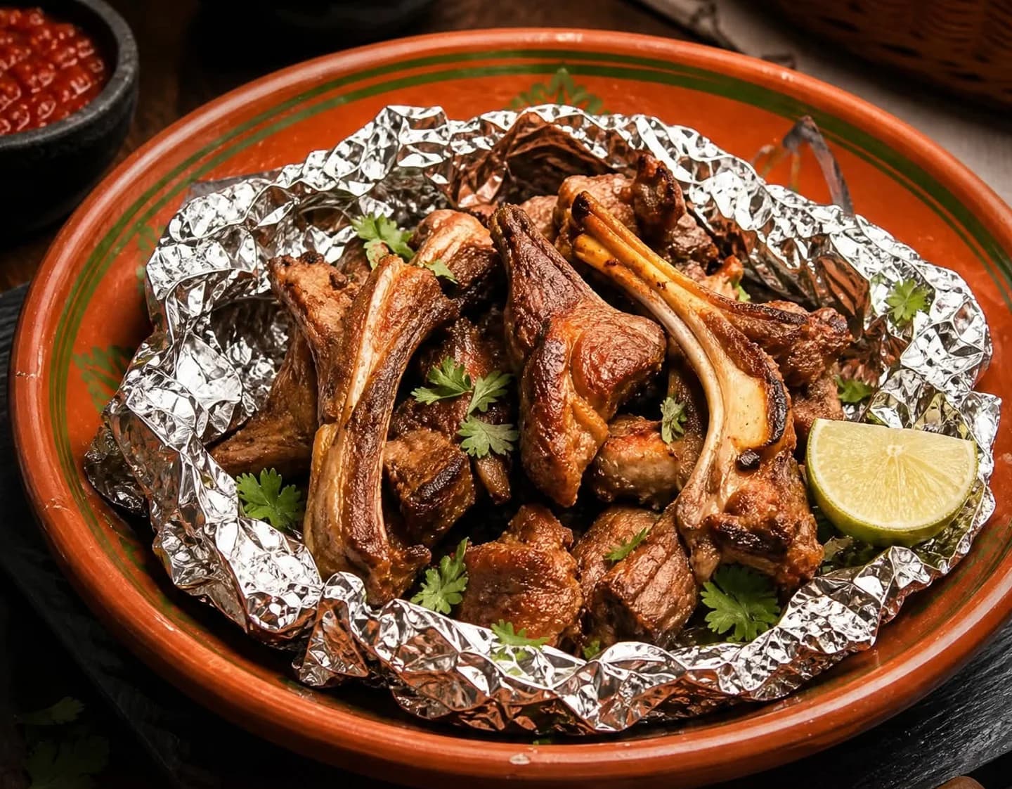 Ghani Shinwari meat platter with chutney, herbs, and lemon